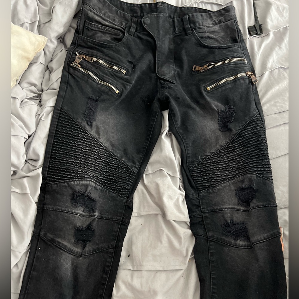 Acid washed Balmain motorcycle distress jeans